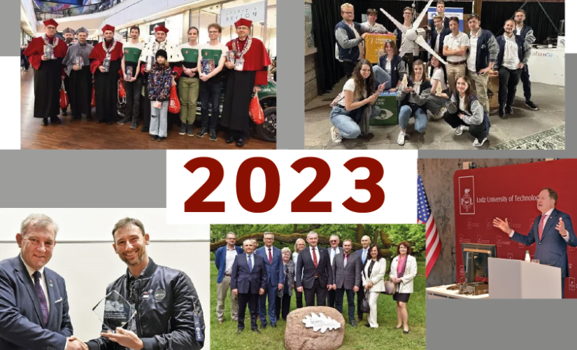 Kolaż zdjęć pokazujacy studentów i nauczycieli akademickich Politechniki Łódzkiej. Napis 2023