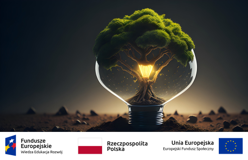 Grafika drzewo umieszczone w świecącej się żarówce. Na dole loga: Fundusze Europejskie - Wiedza, Edukacja, Rozwój; Rzeczpospolita Polska; Unia Europejska - Europejski Fundusz Społeczny.