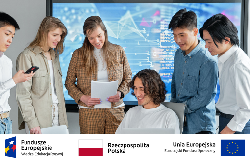  Grafika przedstawia grupę ludzi na tle ekranu, na którym wyświetlane są dane. Na dole loga: Fundusze Europejskie - Wiedza, Edukacja, Rozwój; Rzeczpospolita Polska; Unia Europejska - Europejski Fundusz Społeczny.