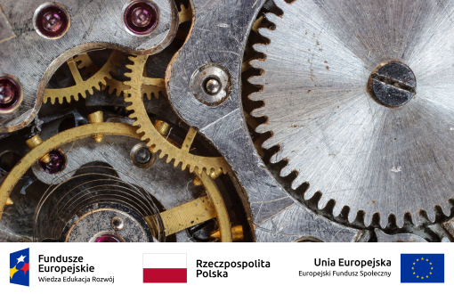 Grafika przedstawia koła zębate różnych rozmiarów. Na dole loga: Fundusze Europejskie - Wiedza, Edukacja, Rozwój; Rzeczpospolita Polska; Unia Europejska - Europejski Fundusz Społeczny.
