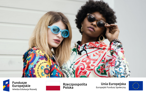 Grafika przedstawia dwie dziewczyny kolorowo ubrane. Na dole loga: Fundusze Europejskie - Wiedza, Edukacja, Rozwój; Rzeczpospolita Polska; Unia Europejska - Europejski Fundusz Społeczny.