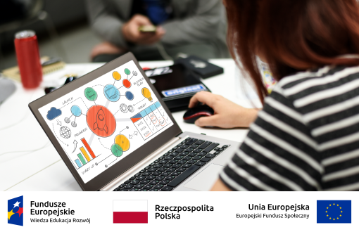  Grafika przedstawia osobę siedzącą przy laptopie. Na ekranie wyświetlane są różne typy wykresów. Na dole loga: Fundusze Europejskie - Wiedza, Edukacja, Rozwój; Rzeczpospolita Polska; Unia Europejska - Europejski Fundusz Społeczny.