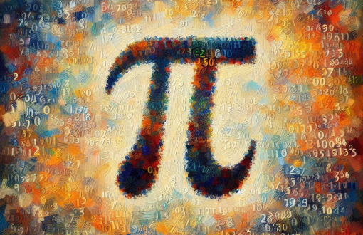 Znak graficzny liczby Pi stworzony z kolorowych plan, na tle kwiatów.