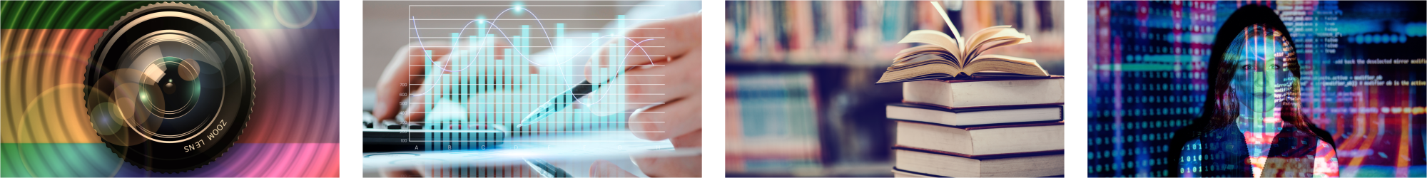 Grafika podzielona jest na cztery części. Od lewej:  Zbliżenie na obiektyw aparatu fotograficznego z kolorowymi, koncentrycznymi kręgami światła w tle.  Wykres słupkowy z liniami analizy danych, w tle ręce osoby korzystającej z laptopa.  Stos książek z jedną otwartą książką na górze, a w tle rozmyte regały biblioteczne.  Kobieta na tle kolorowego kodu binarnego i fragmentów kodu komputerowego, widoczna w półprzezroczystym świetle.