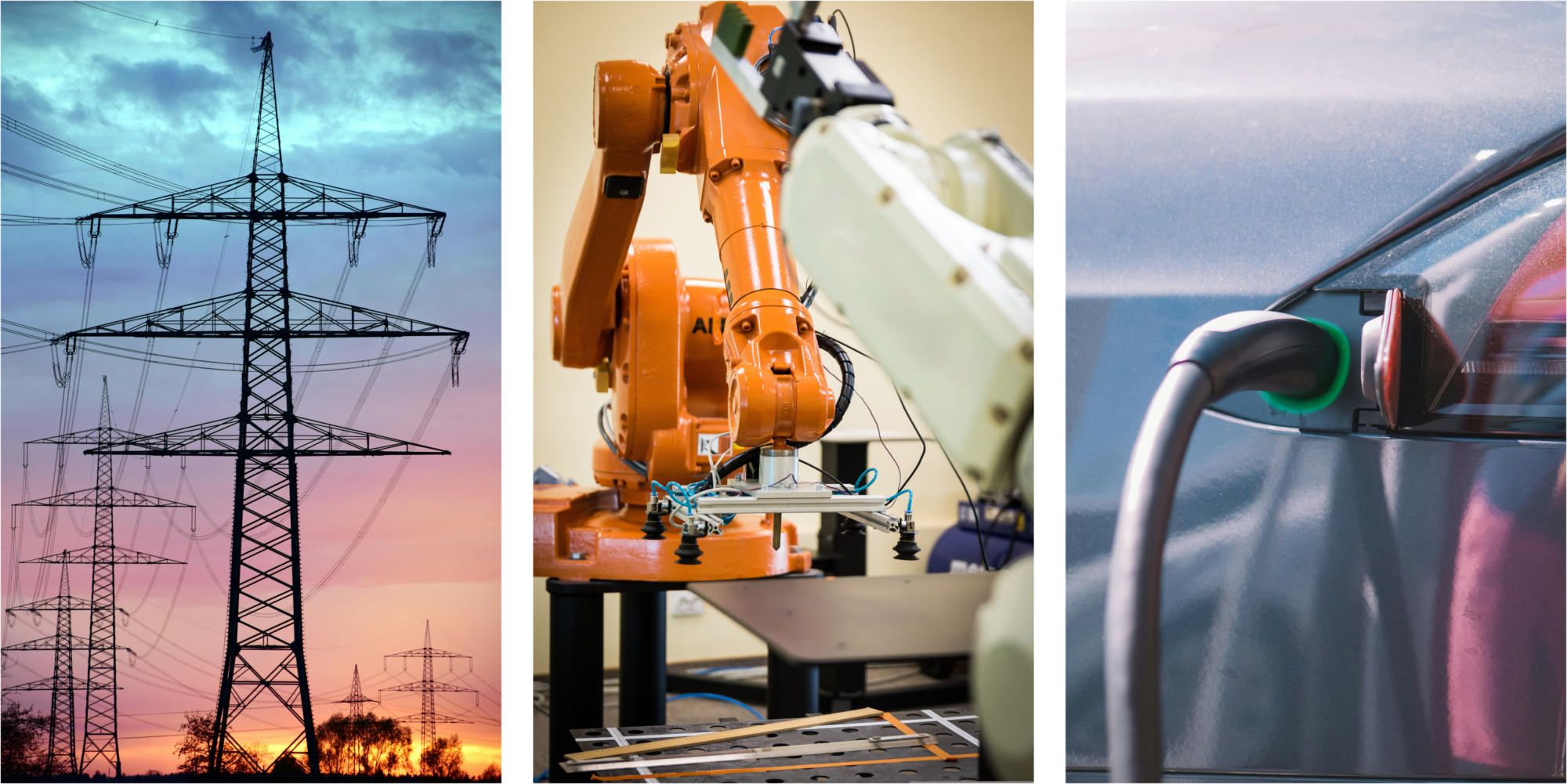 Grafika przedstawia trzy zdjęcia. Po lewej stronie słupy wysokiego napięcia stojące w rzędzie. Po środku ramię robota podczas montażu podzespołów w fabryce. Po prawej stornie elektryczny samochód podczas ładowania. 