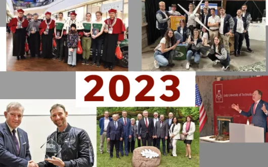 Kolaż zdjęć pokazujacy studentów i nauczycieli akademickich Politechniki Łódzkiej. Napis 2023