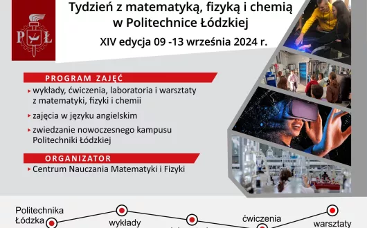 Plakat promujący wydarzenie w Politechnice Łódzkiej: Tydzień z matematyką, fizyką i chemią. 