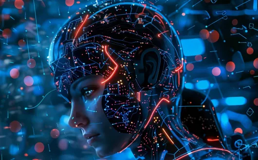 Futurystyczna grafika przedstawiająca kobietę-cyborga. Jej twarz i głowa są częściowo zakryte przez świecące obwody w kolorach niebieskim i czerwonym, przypominające układ elektroniczny. W tle unoszą się abstrakcyjne kształty i świetliste punkty, tworzące wrażenie cyberprzestrzeni.