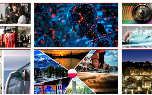 Kolaż ilustracji przedstawiających różne obszary rozwoju: edukację, usługi, sztuczną inteligencję, technologię, energetykę, robotykę, elektromobilność oraz krajobrazy miast i regionów Europy.