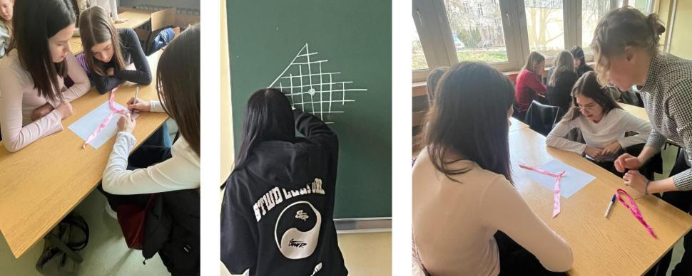 Uczennice pracują w grupach nad zadaniem z geometrii. Na stolikach układają kolorowe paski papieru, a jedna osoba rysuje na tablicy schemat z linii. Nauczycielka pomaga uczennicom podczas pracy.