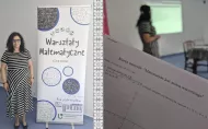 Po prawej stronie dr Magdalena Górajska stoi przy plakacie promującym wydarzenie. Na plakacie informacje Warsztaty matematyczne. Grotniki 2025. Po patronatem Polskiego Towarzystwa Matematycznego, Wydziału Matematyki i Informatyki UŁ, XII LO. Po prawej stronie dr Magdalena Górajska przy tablicy prowadzi wykład. na pierwszym planie karta metryki - "Matematyka jest miarą wszystkiego".