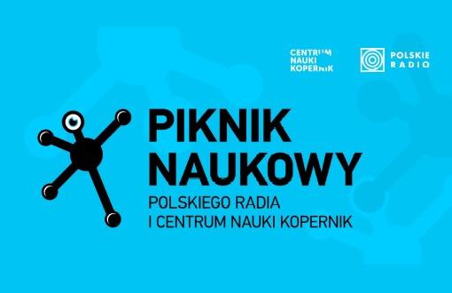 Na grafice cząsteczka składająca sią z sześciu atomów. Napis Piknik naukowy Polskiego Radia i Centrum Nauki Kopernik