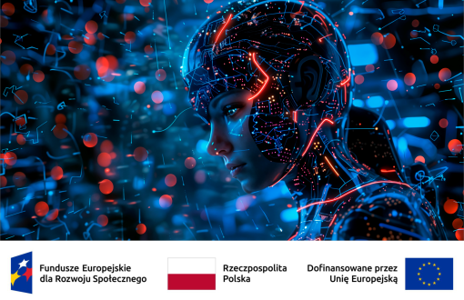 Futurystyczna grafika przedstawiająca kobietę-cyborga. Jej twarz i głowa są częściowo zakryte przez świecące obwody w kolorach niebieskim i czerwonym, przypominające układ elektroniczny. W tle unoszą się abstrakcyjne kształty i świetliste punkty, tworzące wrażenie cyberprzestrzeni. Na dole logotyp FERS, flaga Rzeczpospolitej Polskiej oraz UE.